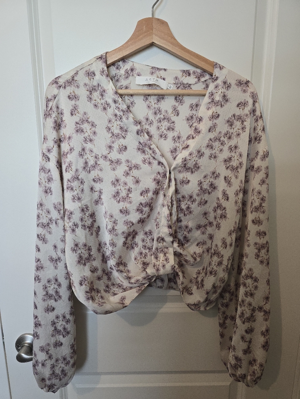 Astr Cream Blouse with Purple Floral Twist Front